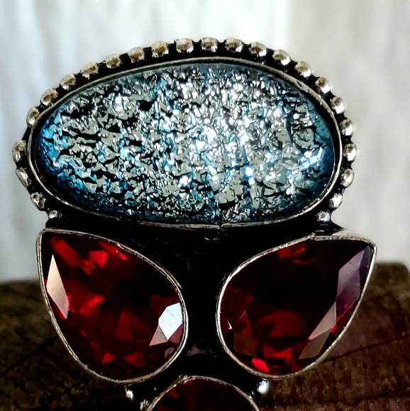 New Garnet & Dichroic Glass 925 Silver Ring. - Picture 3 of 7